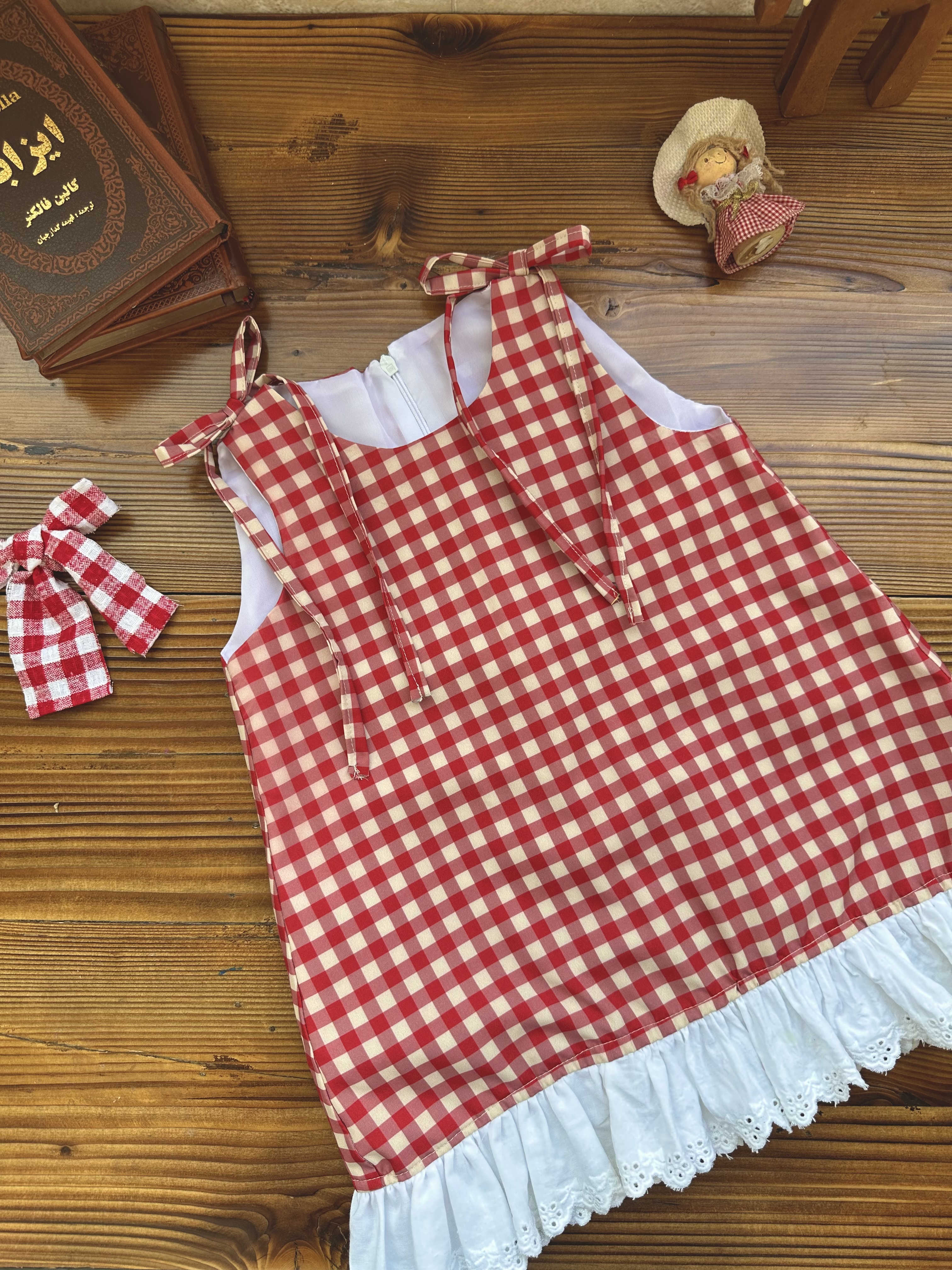 سارافون دخترانه چهارخونه قرمزمناسب 1تا8سال