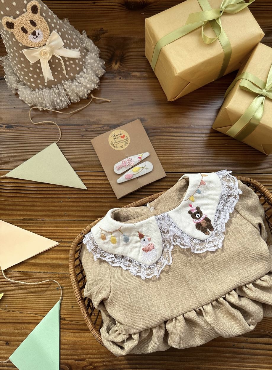 یقه جدا بب گلدوزی شده طرح تم تولد مناسب 1تا12سال