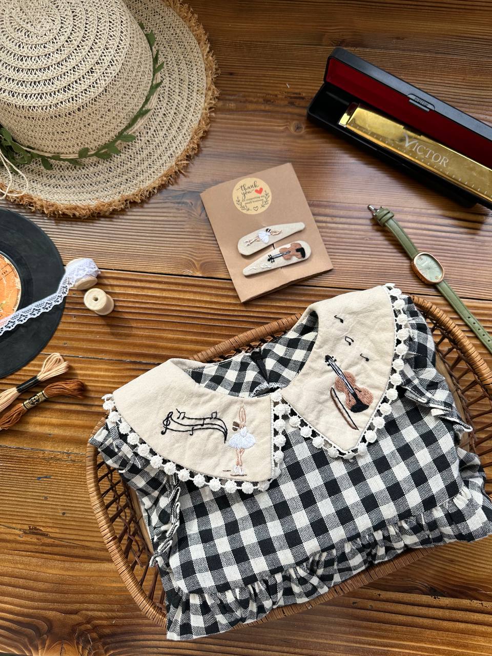 یقه جدا بب گلدوزی شده طرح ویالن وفرشته مناسب 1تا12سال